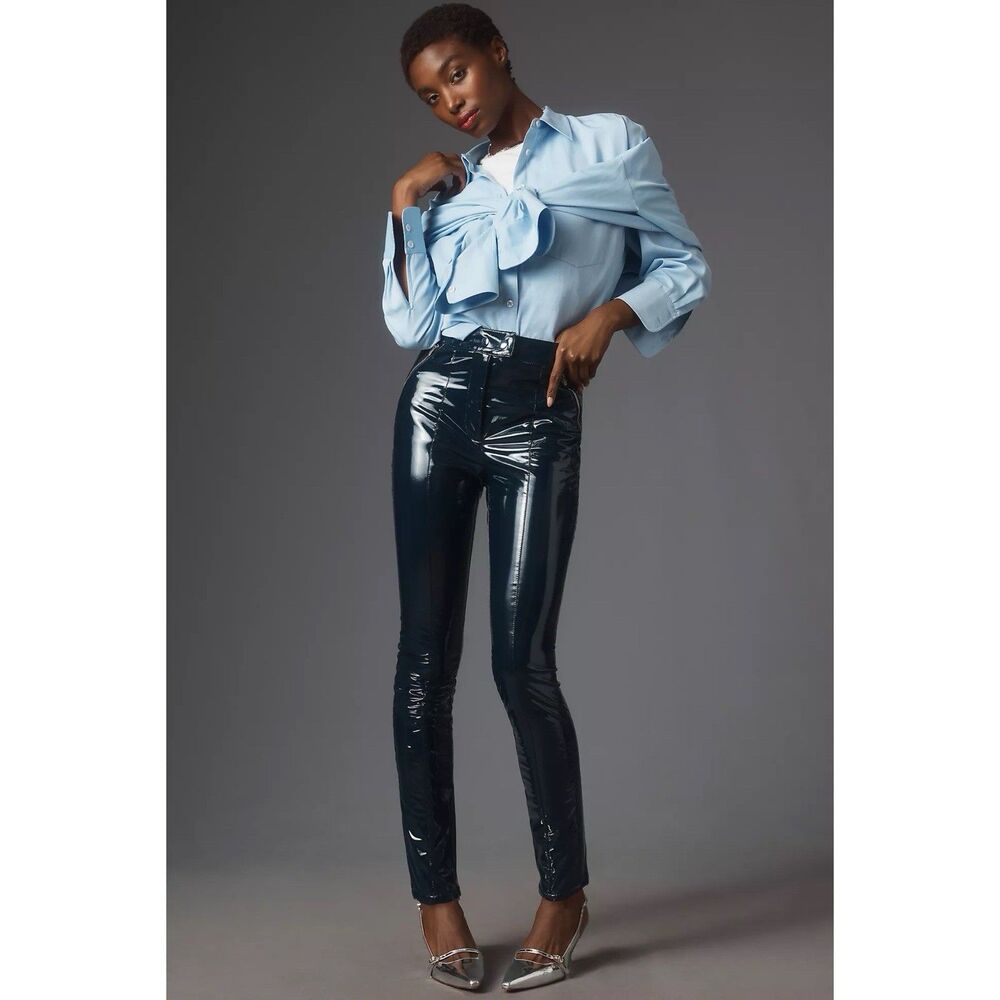 Anthropologie Maeve Faux navy Patent leather skinny leggings Size 4 NWOT